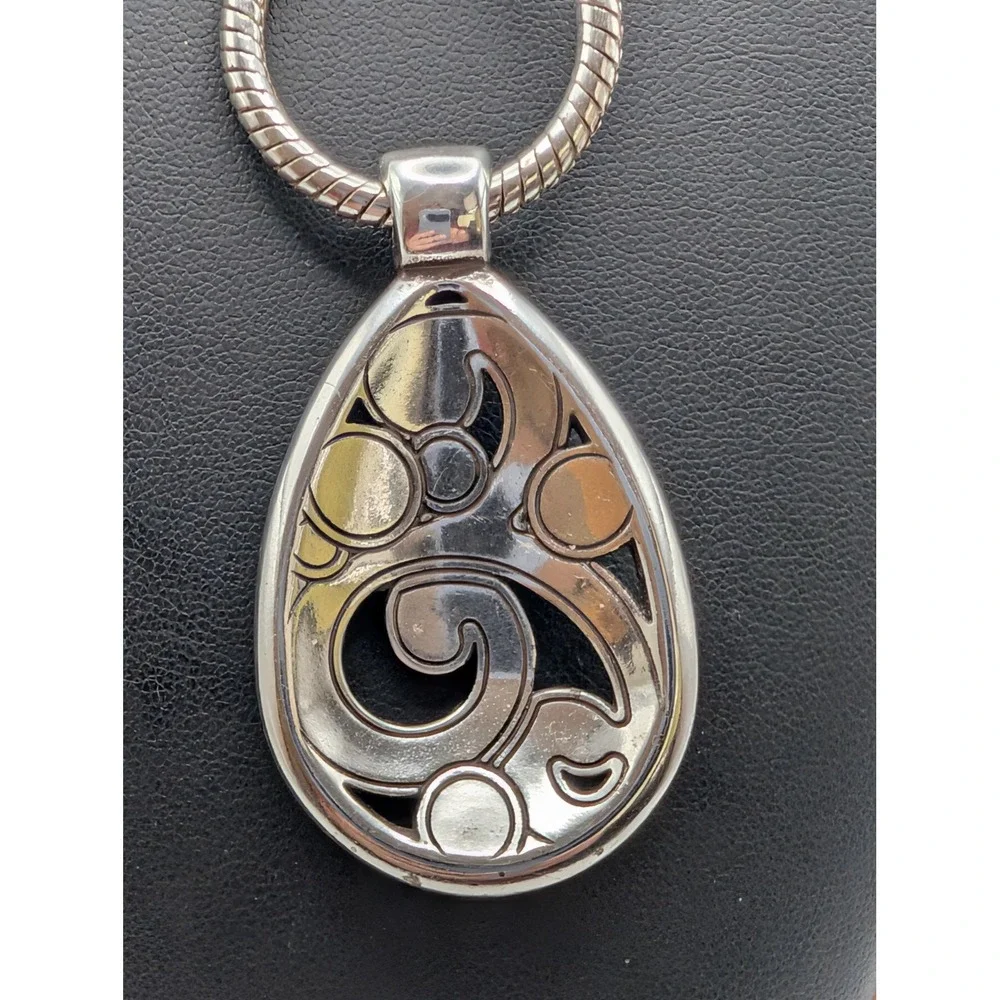Brighton Silver Tone Teardrop Scroll Openwork Pendant Snake Chain Necklace